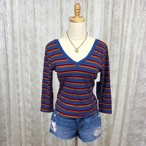 Y2K Kontrol Retro Striped V‎ Neck Ribbed Top Women's Medium NWT 3/4 Sleeve Blue